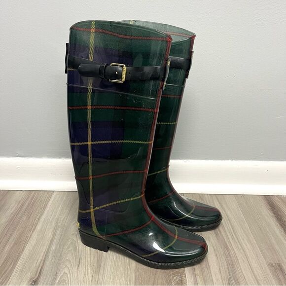 Lauren Ralph Lauren Rain Boots Women’s 6 Rossalyn II Green Plaid Tall Buckle - Picture 1 of 9